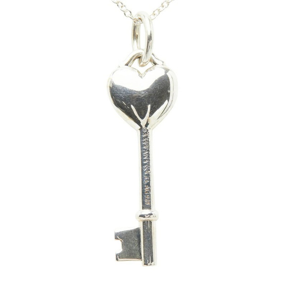 Tiffany Co Heart Key Charm Chain Pendant Necklace Silver TIFFANYCo